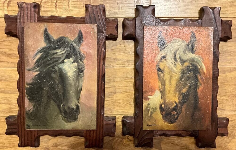 2 Vintage Signed Vicenc Ballestar Impressionist Horse Head Painting Wooden Frame